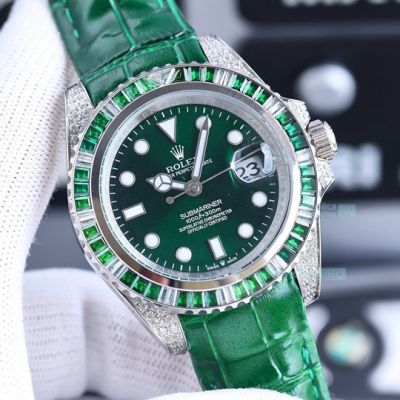Copy Rolex Submariner Date Watch 40mm Green Dial Leather Strap